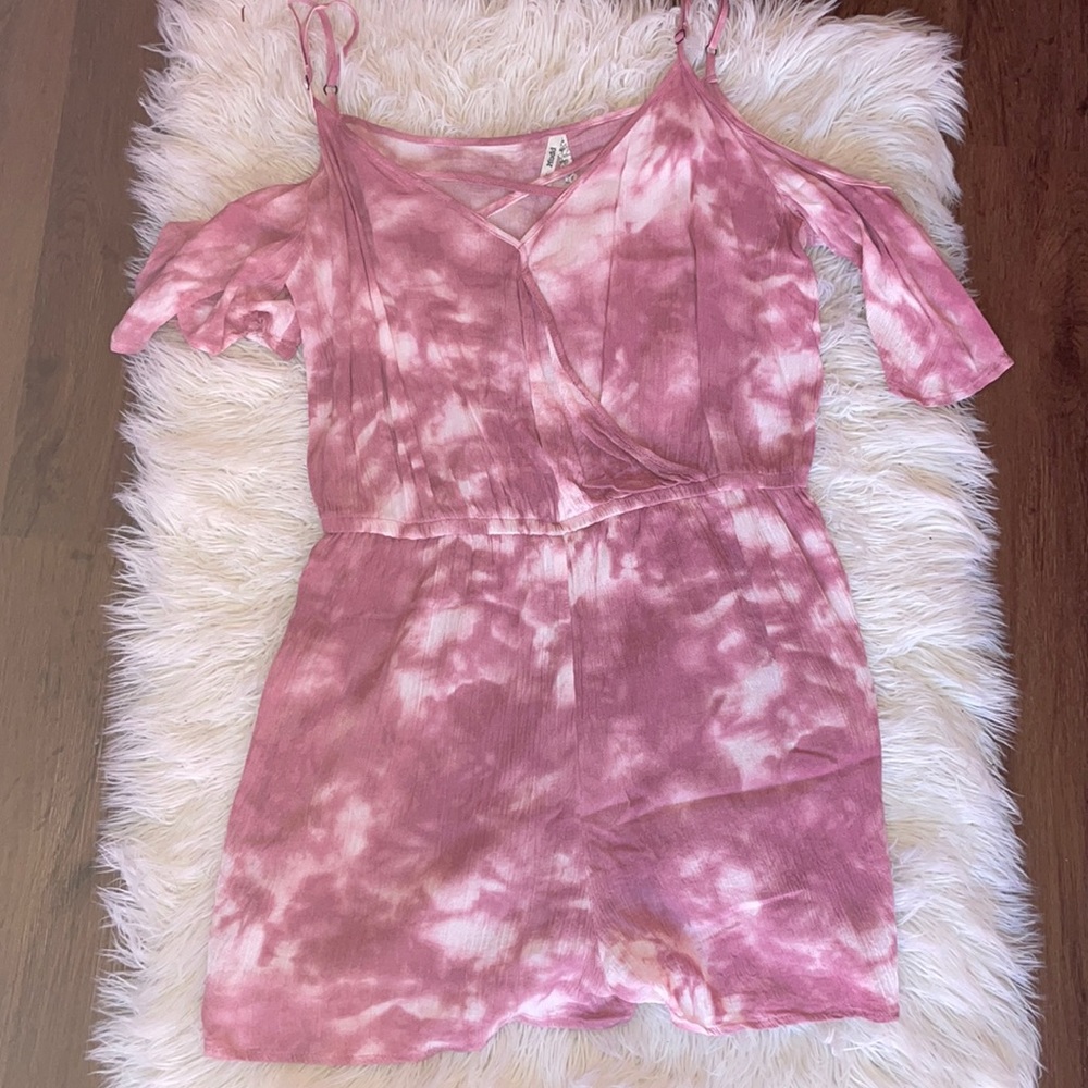 Mudd Cold Shoulder Juniors Pink Tie Dye Romper